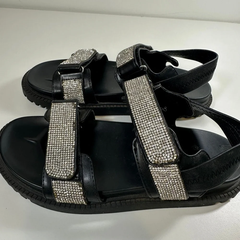 Madden NYC Women Black Rhinestone Chunky Platform Sandals Size 6 Hook Loop Strap